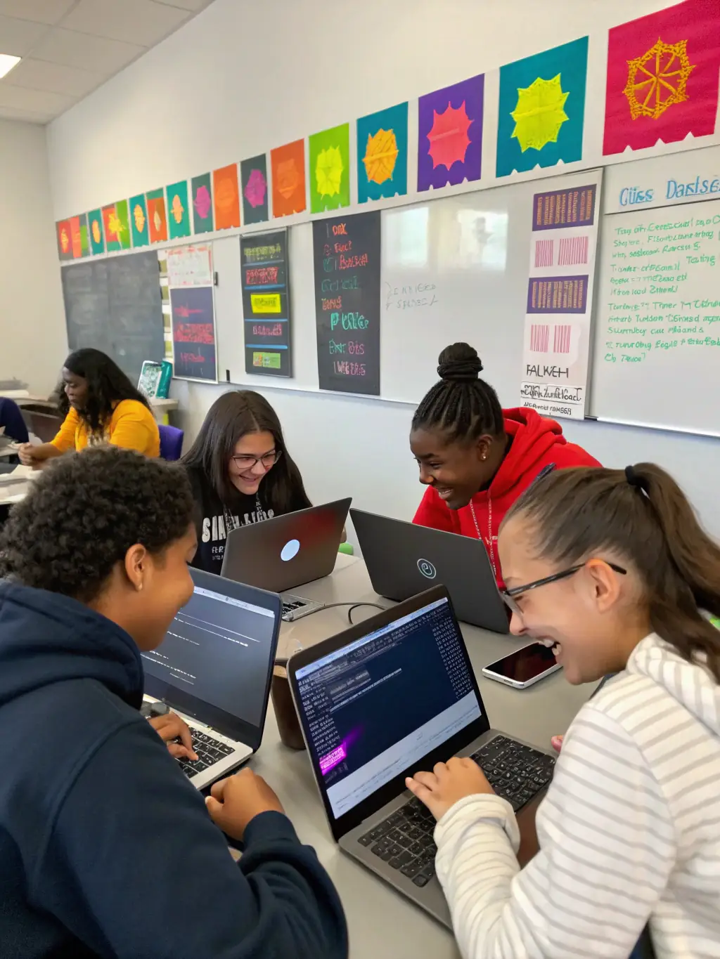 A group of apptrainuk.site students collaborating on a mobile app project, demonstrating teamwork and practical application of skills.