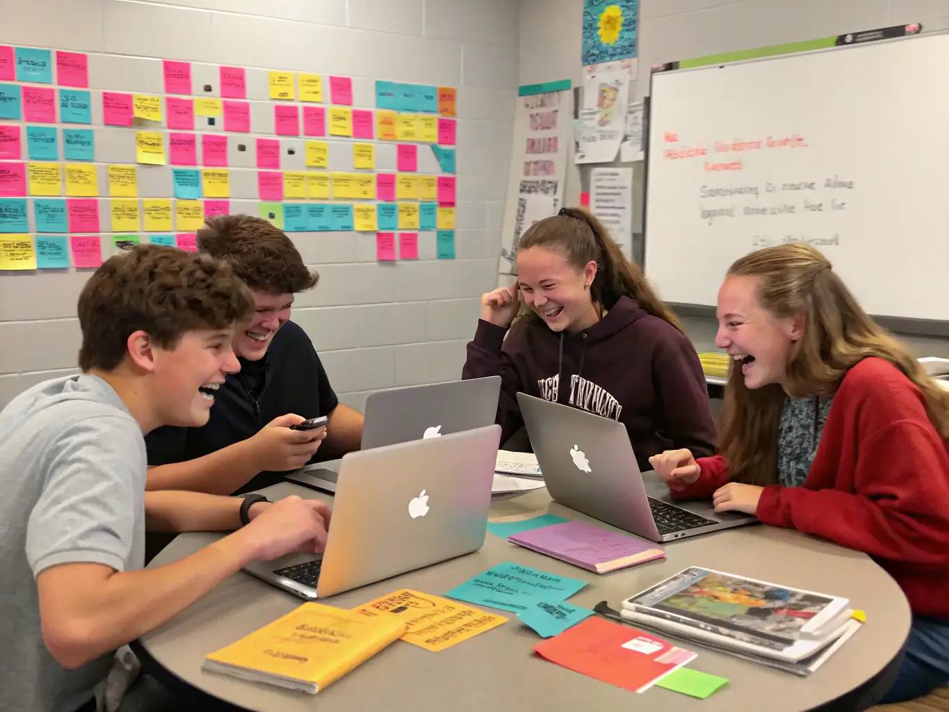 A group of students collaborating on a mobile app project, using both iOS and Android devices, in a bright and modern classroom.