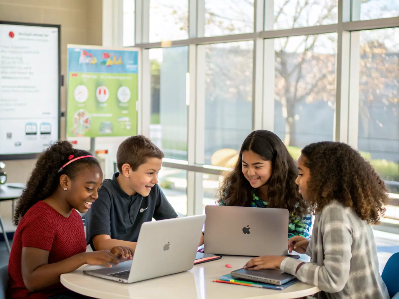A diverse group of students collaborating on a mobile app development project in a modern classroom setting, with instructors providing guidance and support. The atmosphere is collaborative and focused.