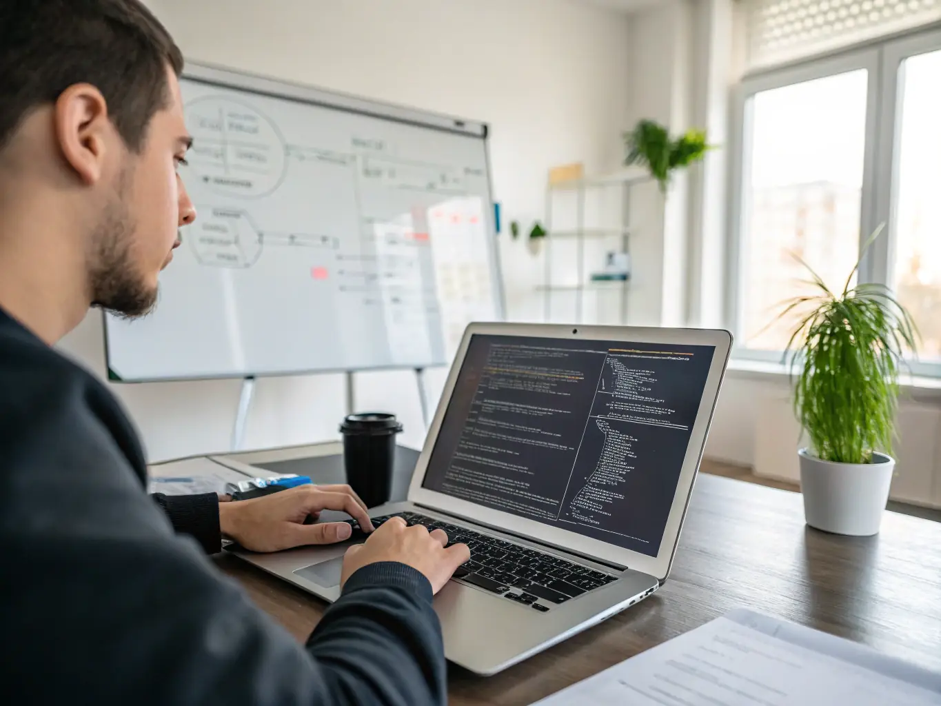 An Android developer working on an app interface on a laptop, with Android Studio open, in a collaborative workspace.