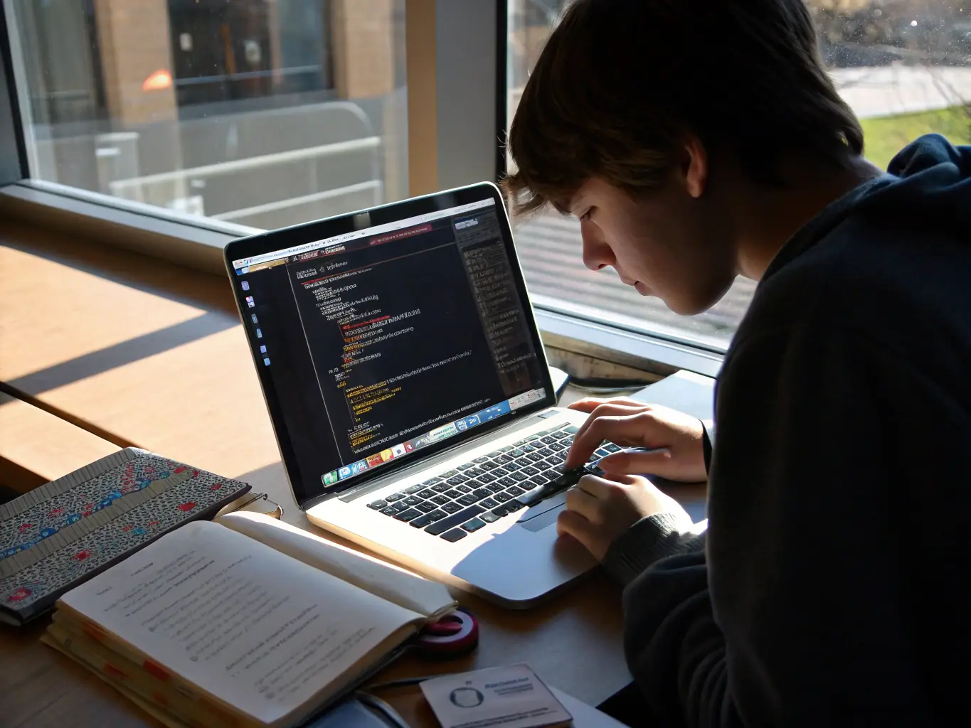 A student coding on an iMac, focused on the screen, in a modern classroom setting, learning iOS development.