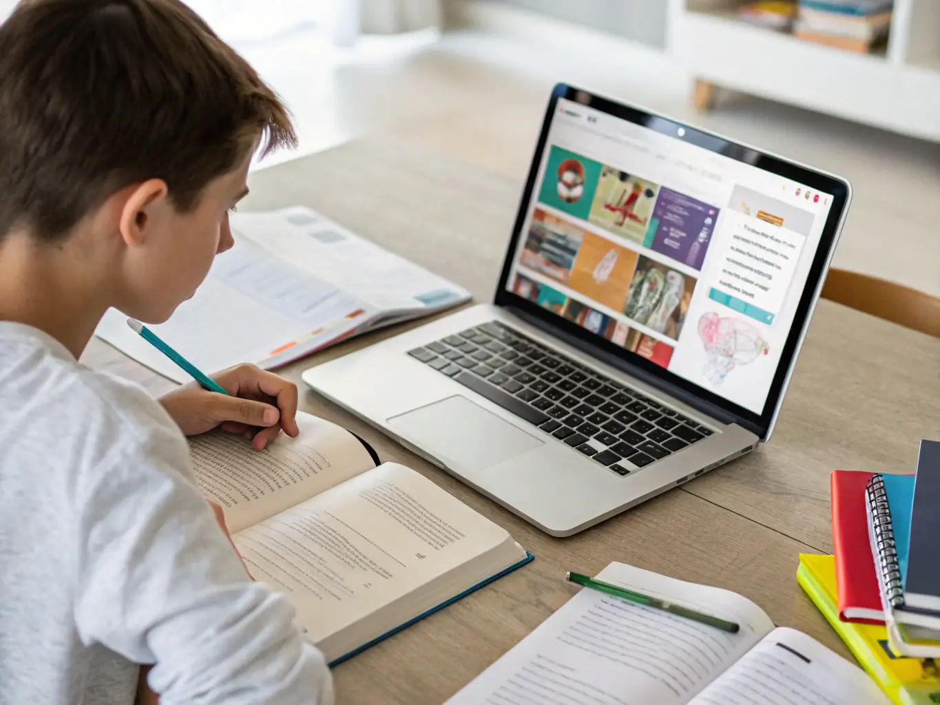 A student working on a mobile app development project on their laptop, surrounded by resources and learning materials, in a supportive and collaborative environment.