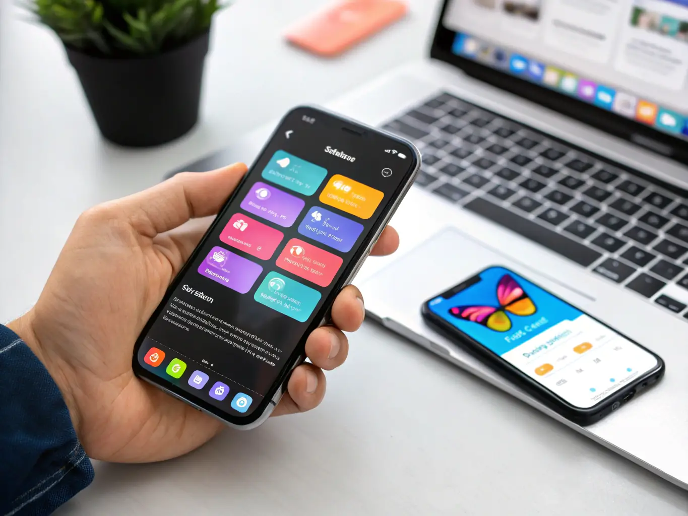 A split-screen image showing both an iOS app on an iPhone and an Android app on an Android phone, highlighting cross-platform development skills.